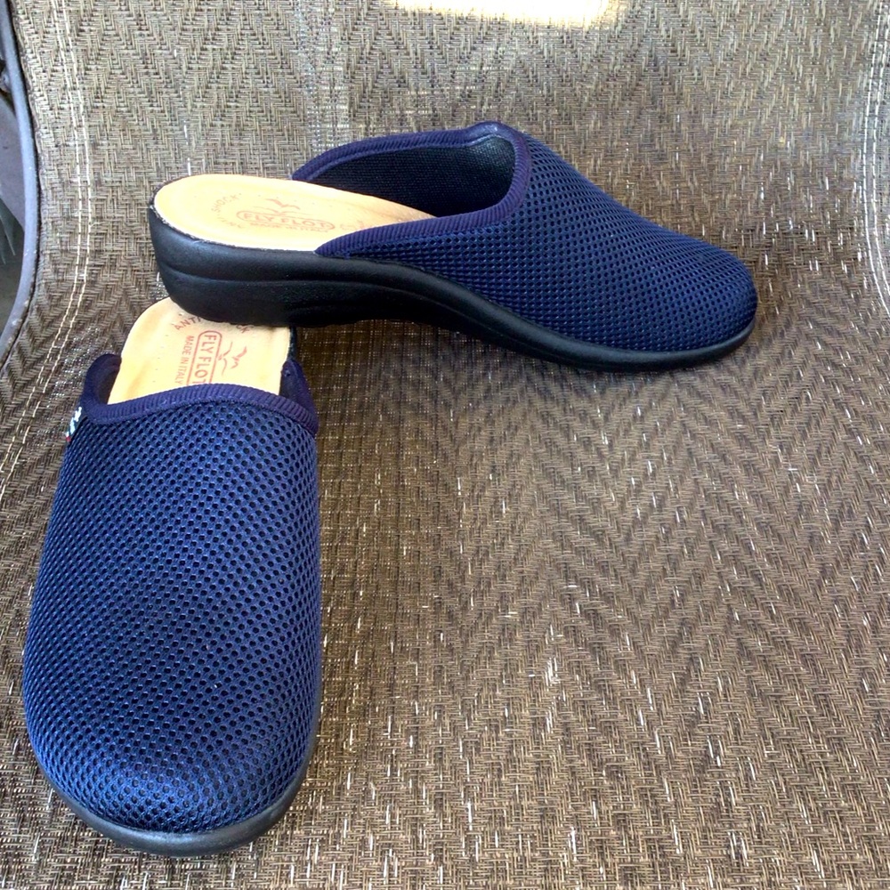 Fly Flot Blue Mesh Wedge Mules Shoes